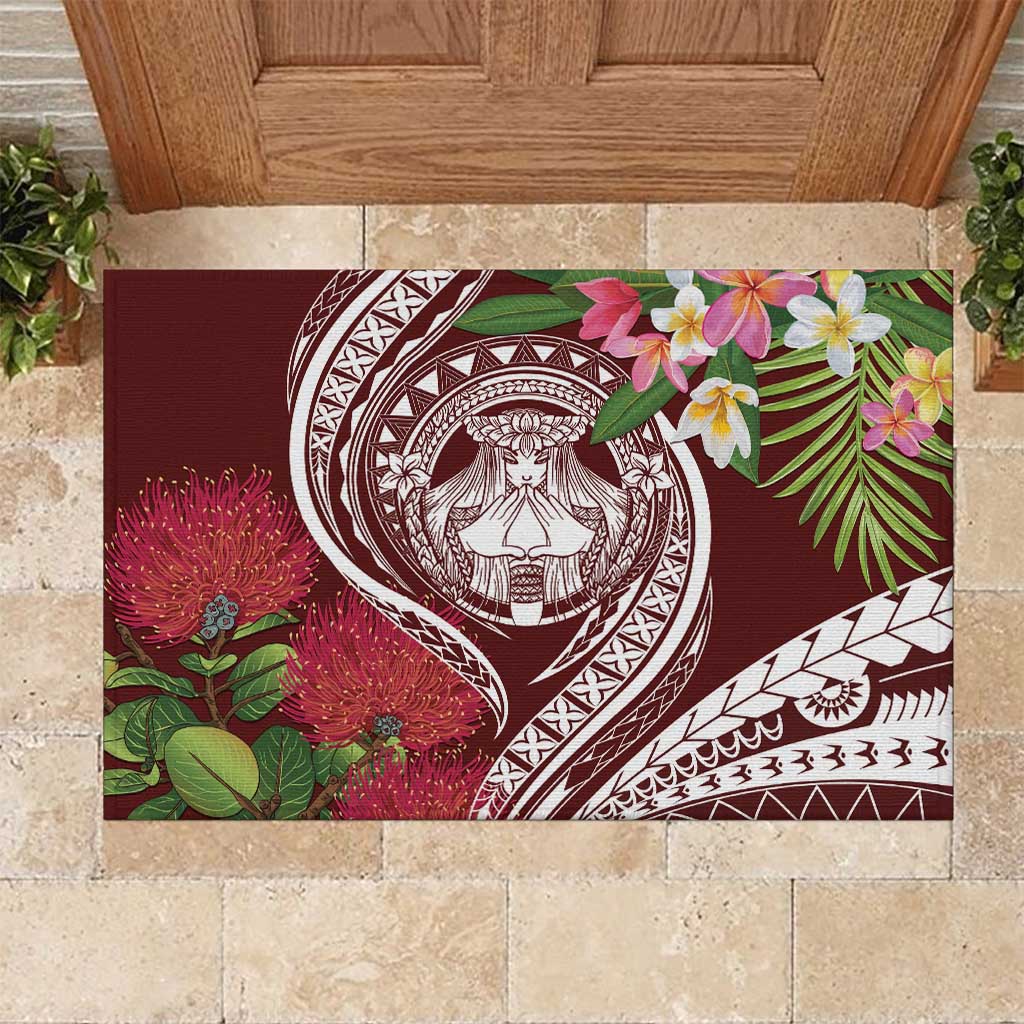 Aloha Hawaii Big Island Rubber Doormat Ohia Lehua Wahine LT7 Red - Polynesian Pride