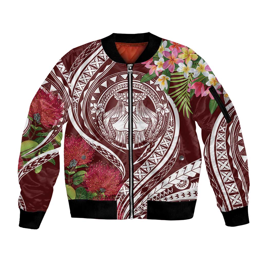 Aloha Hawaii Big Island Sleeve Zip Bomber Jacket Ohia Lehua Wahine LT7 Unisex Red - Polynesian Pride