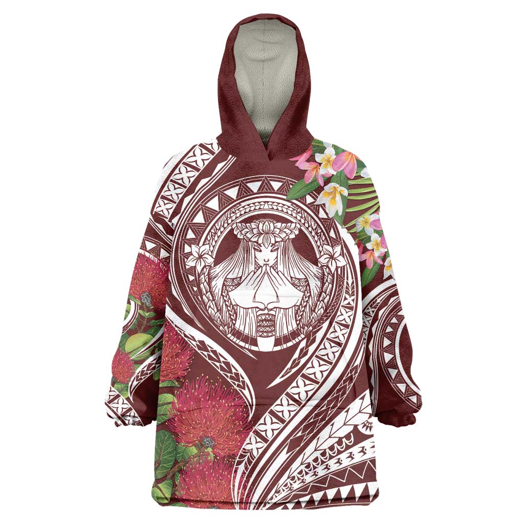 Aloha Hawaii Big Island Wearable Blanket Hoodie Ohia Lehua Wahine LT7 One Size Red - Polynesian Pride