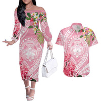Aloha Hawaii Maui Couples Matching Off The Shoulder Long Sleeve Dress and Hawaiian Shirt Goddess Lokelani Rose