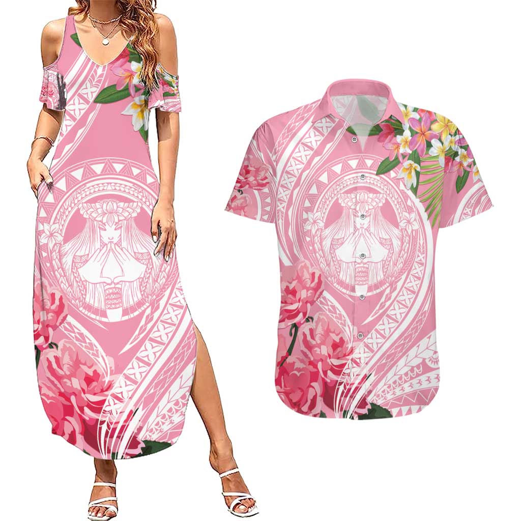 Aloha Hawaii Maui Couples Matching Summer Maxi Dress and Hawaiian Shirt Goddess Lokelani Rose