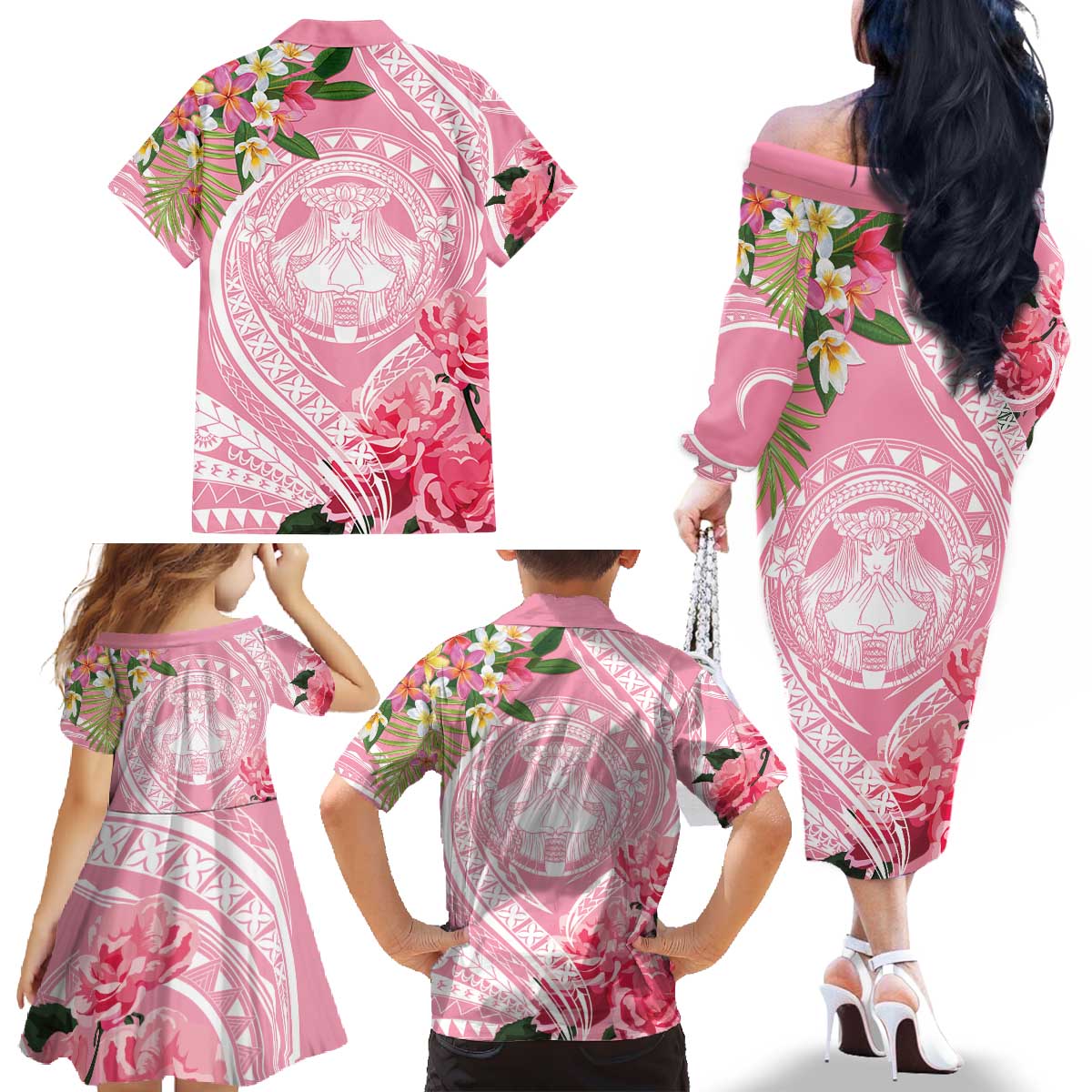 Aloha Hawaii Maui Family Matching Off The Shoulder Long Sleeve Dress and Hawaiian Shirt Goddess Lokelani Rose