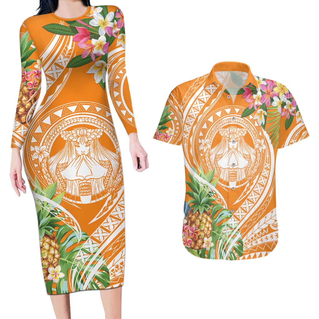 Aloha Hawaii Lanai Couples Matching Long Sleeve Bodycon Dress and Hawaiian Shirt Frangipani Mix Pineapple