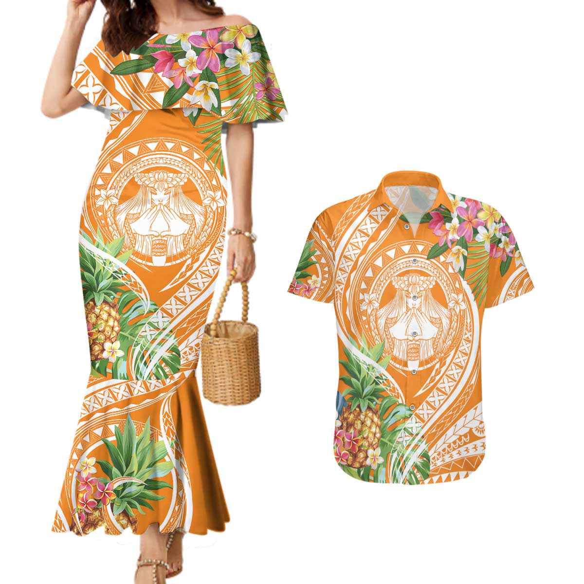 Aloha Hawaii Lanai Couples Matching Mermaid Dress and Hawaiian Shirt Frangipani Mix Pineapple