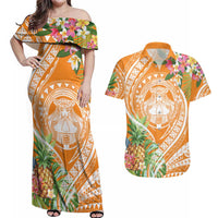 Aloha Hawaii Lanai Couples Matching Off Shoulder Maxi Dress and Hawaiian Shirt Frangipani Mix Pineapple