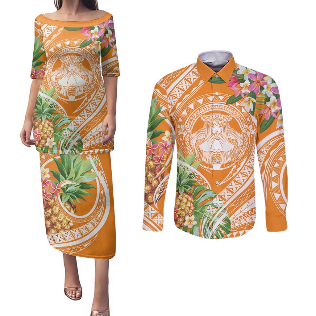 Aloha Hawaii Lanai Couples Matching Puletasi and Long Sleeve Button Shirt Frangipani Mix Pineapple LT7 Orange - Polynesian Pride