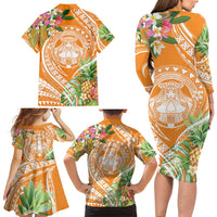Aloha Hawaii Lanai Family Matching Long Sleeve Bodycon Dress and Hawaiian Shirt Frangipani Mix Pineapple