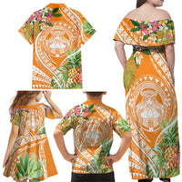 Aloha Hawaii Lanai Family Matching Off Shoulder Maxi Dress and Hawaiian Shirt Frangipani Mix Pineapple
