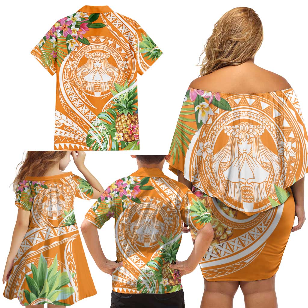 Aloha Hawaii Lanai Family Matching Off Shoulder Short Dress and Hawaiian Shirt Frangipani Mix Pineapple