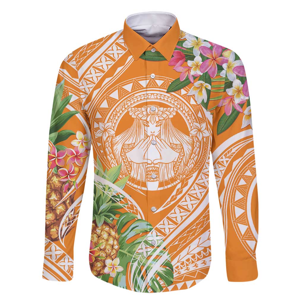 Aloha Hawaii Lanai Family Matching Tank Maxi Dress and Hawaiian Shirt Frangipani Mix Pineapple LT7 Dad's Shirt - Long Sleeve Orange - Polynesian Pride
