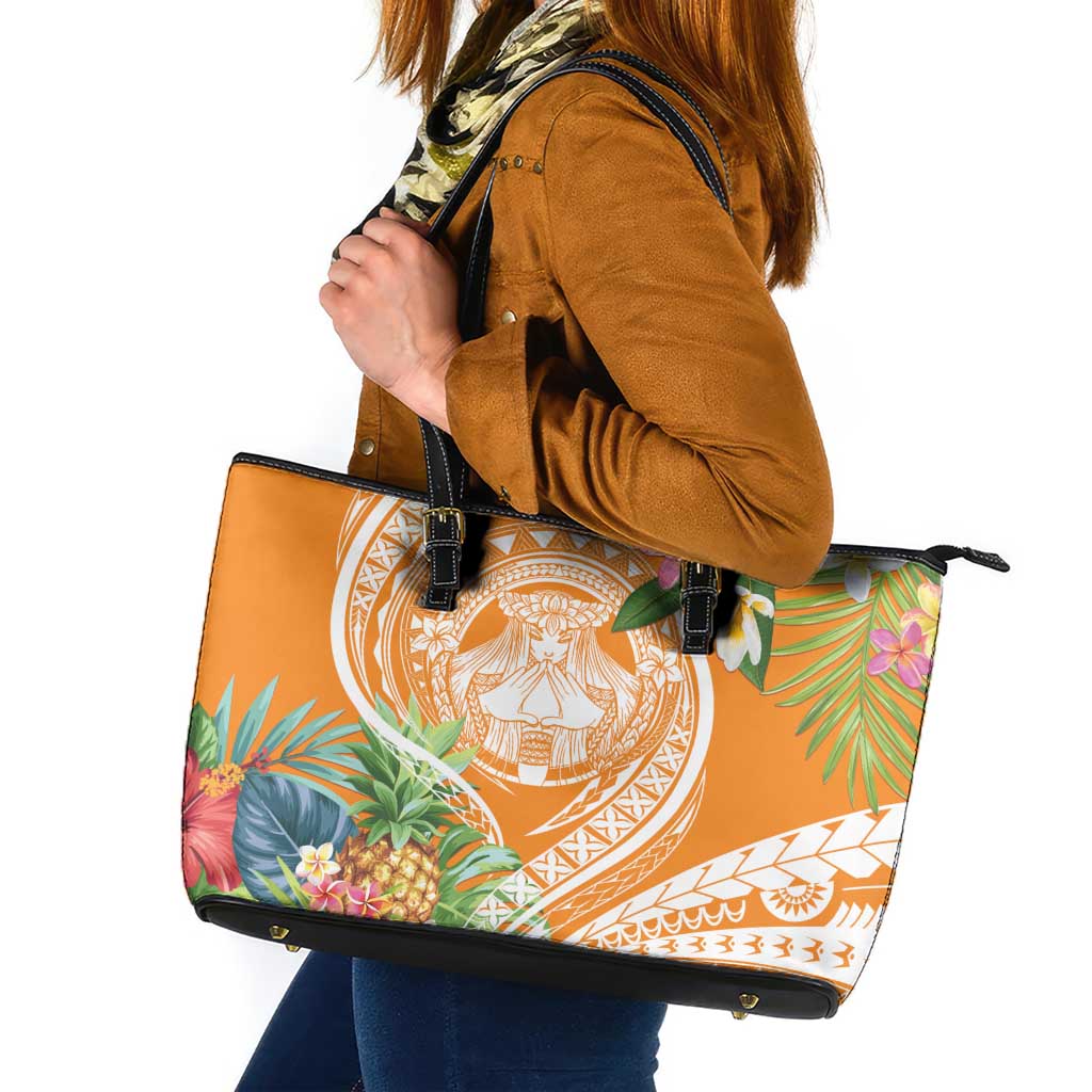 Aloha Hawaii Lanai Leather Tote Bag Frangipani Mix Pineapple LT7 Orange - Polynesian Pride