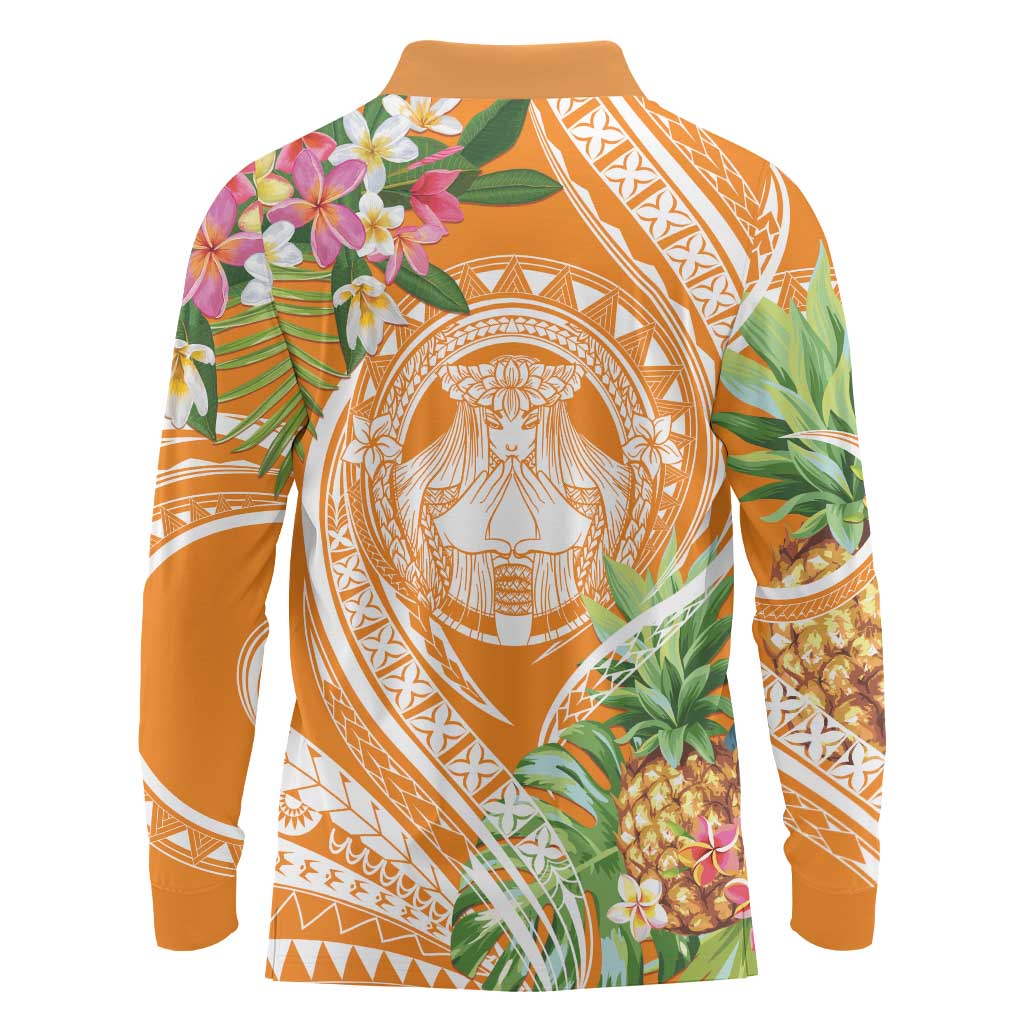 Aloha Hawaii Lanai Long Sleeve Polo Shirt Frangipani Mix Pineapple