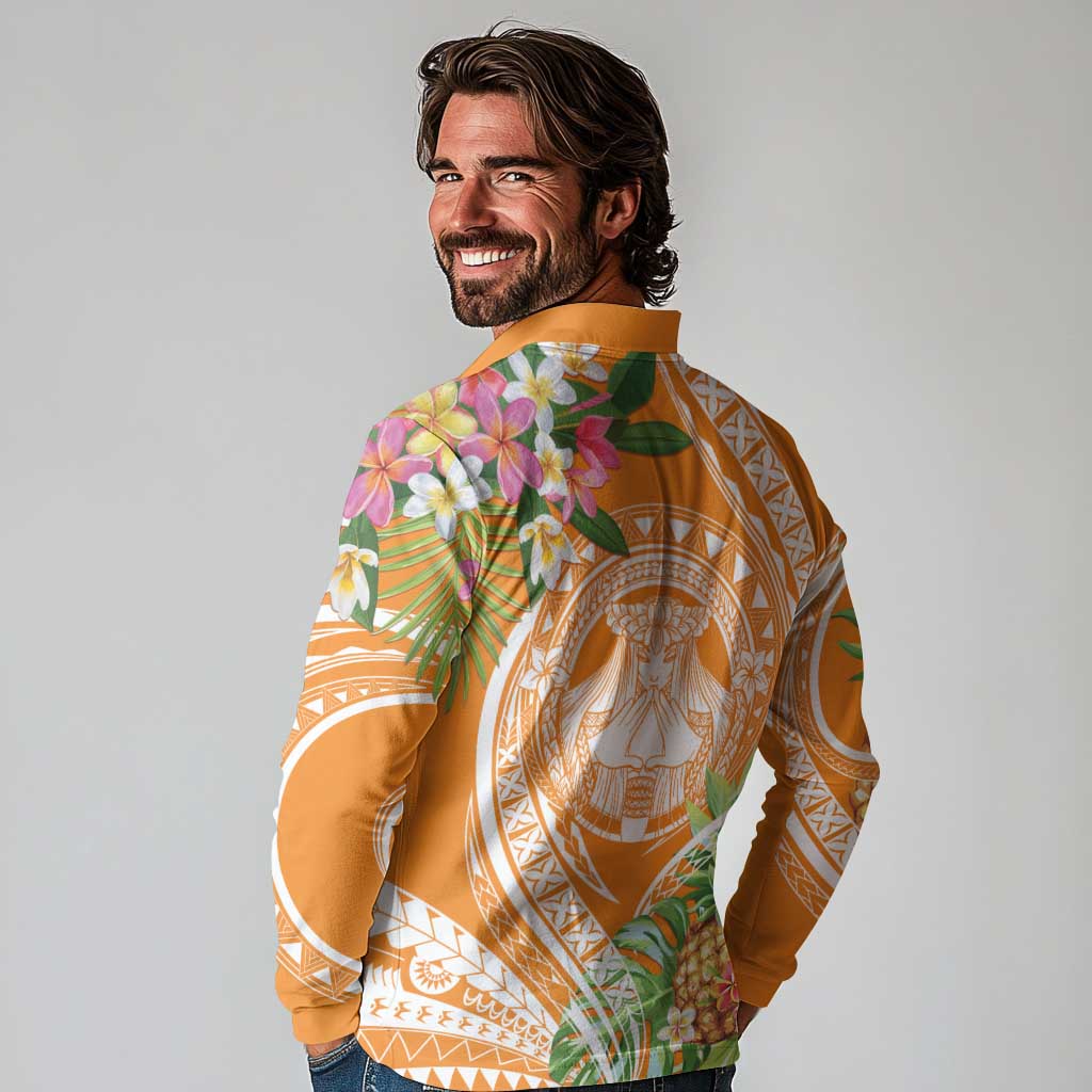 Aloha Hawaii Lanai Long Sleeve Polo Shirt Frangipani Mix Pineapple