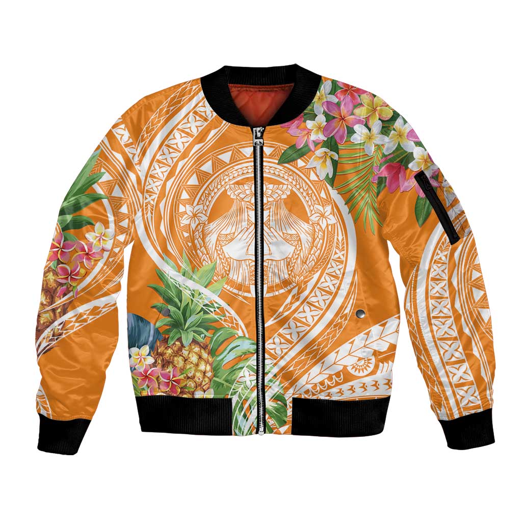 Aloha Hawaii Lanai Sleeve Zip Bomber Jacket Frangipani Mix Pineapple LT7 Unisex Orange - Polynesian Pride