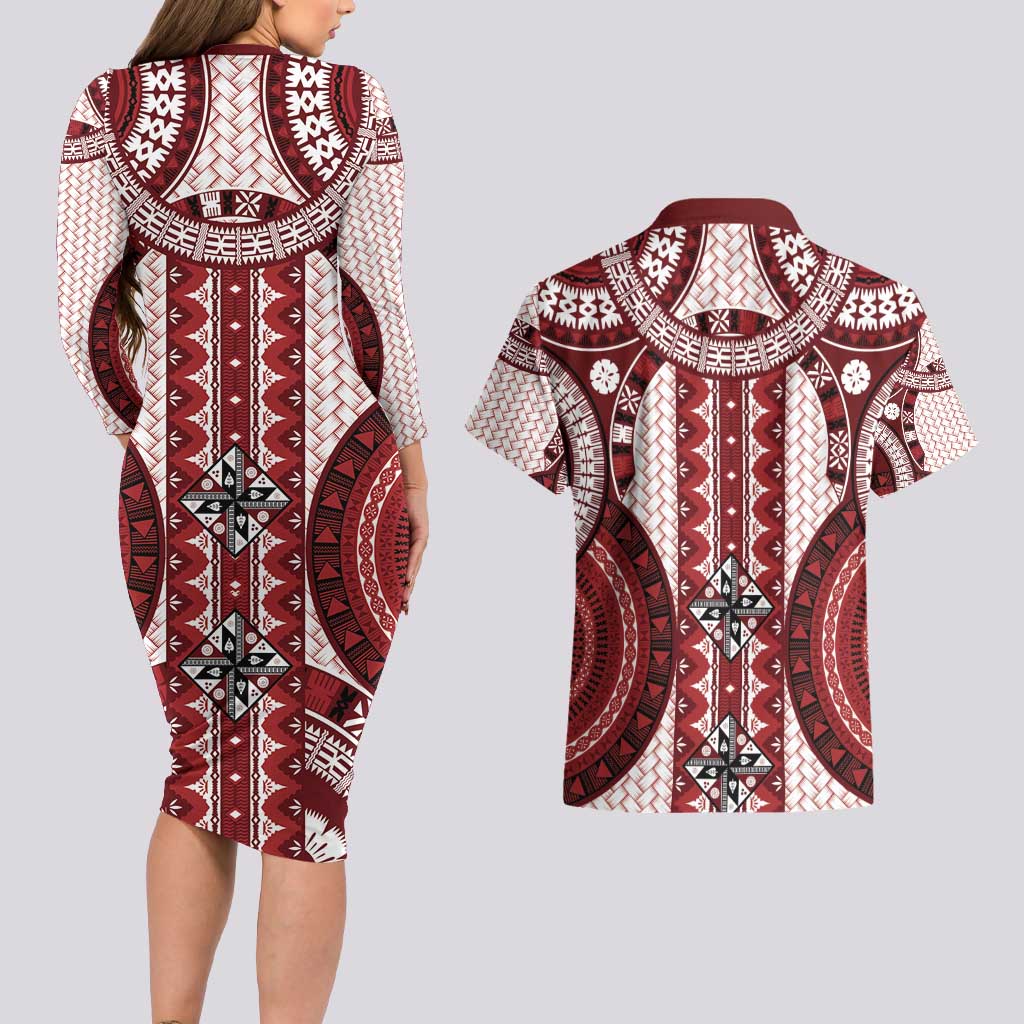 Bula Fiji Vintage Couples Matching Long Sleeve Bodycon Dress and Hawaiian Shirt Scarlet Masi Motifs
