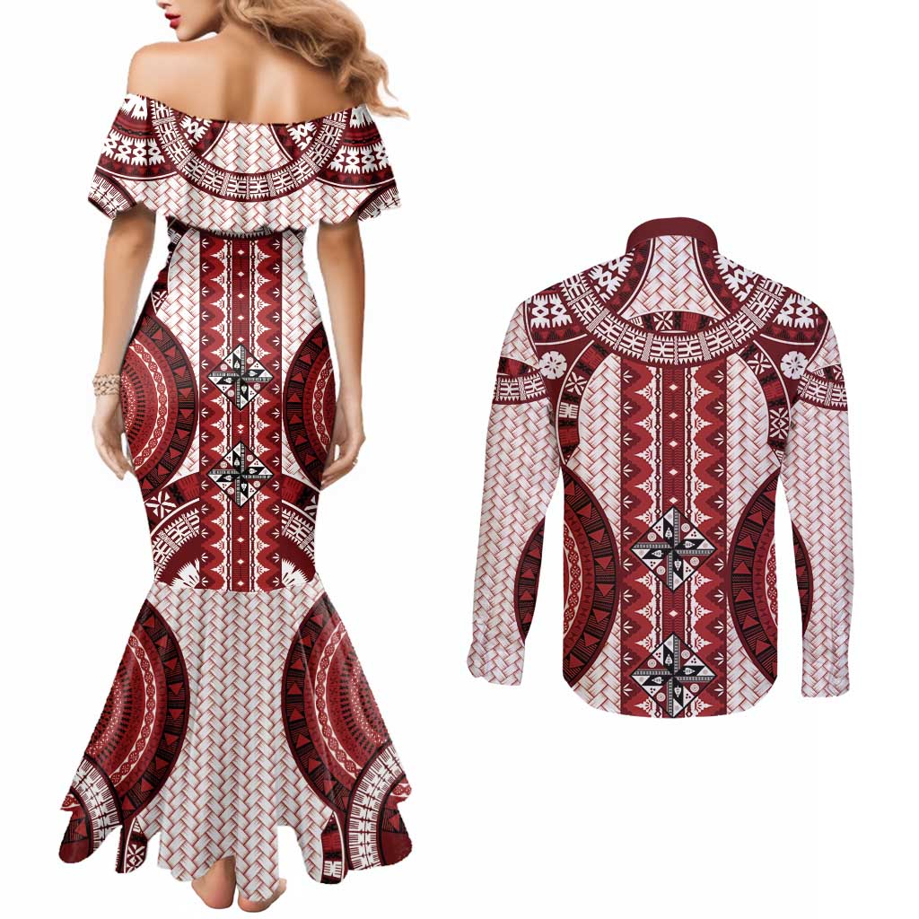 Bula Fiji Vintage Couples Matching Mermaid Dress and Long Sleeve Button Shirt Scarlet Masi Motifs