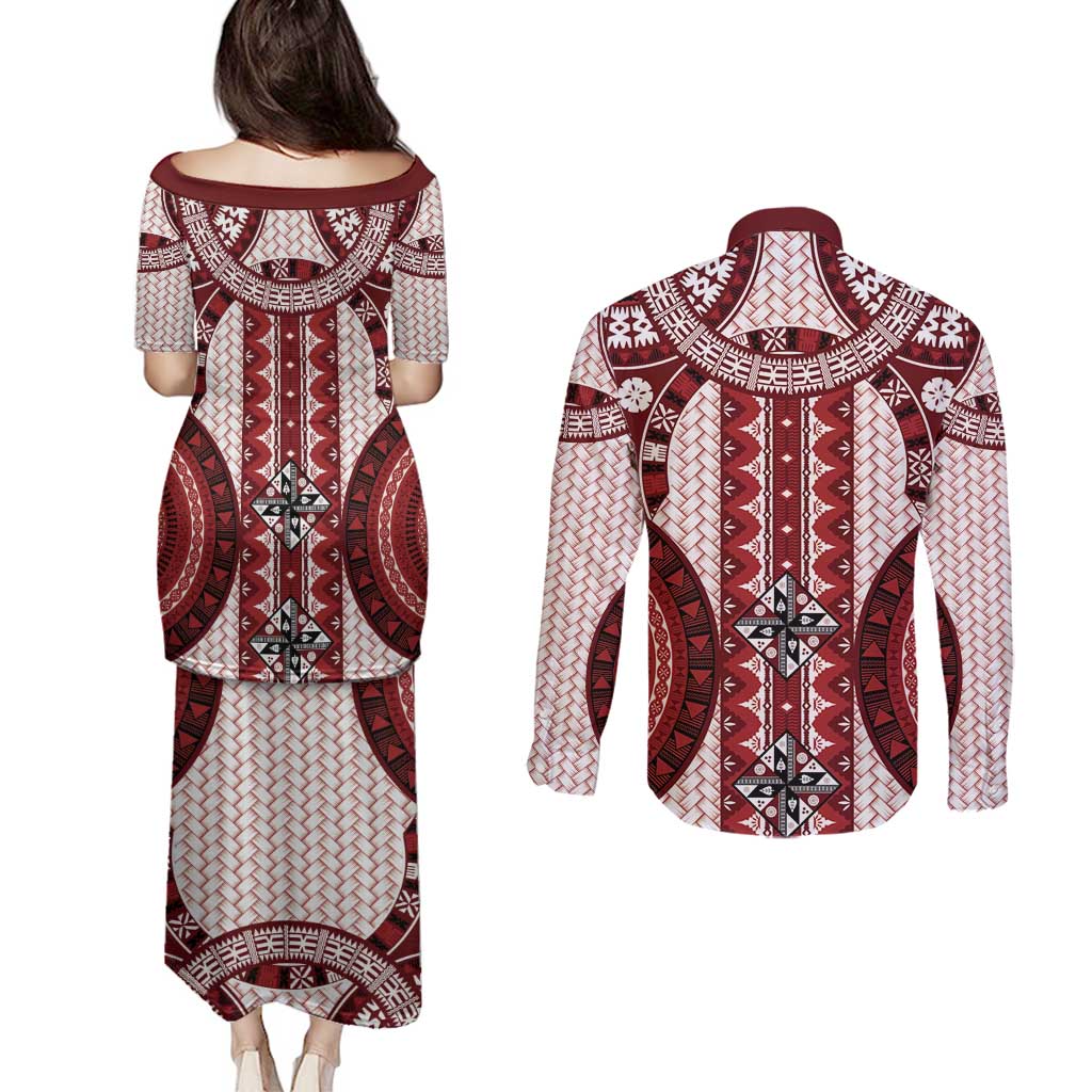 Bula Fiji Vintage Couples Matching Puletasi and Long Sleeve Button Shirt Scarlet Masi Motifs