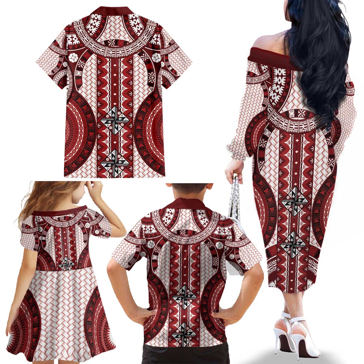 Bula Fiji Vintage Family Matching Off The Shoulder Long Sleeve Dress and Hawaiian Shirt Scarlet Masi Motifs