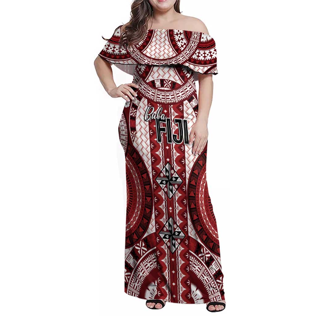 Bula Fiji Vintage Family Matching Off Shoulder Maxi Dress and Hawaiian Shirt Scarlet Masi Motifs