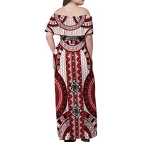 Bula Fiji Vintage Family Matching Off Shoulder Maxi Dress and Hawaiian Shirt Scarlet Masi Motifs