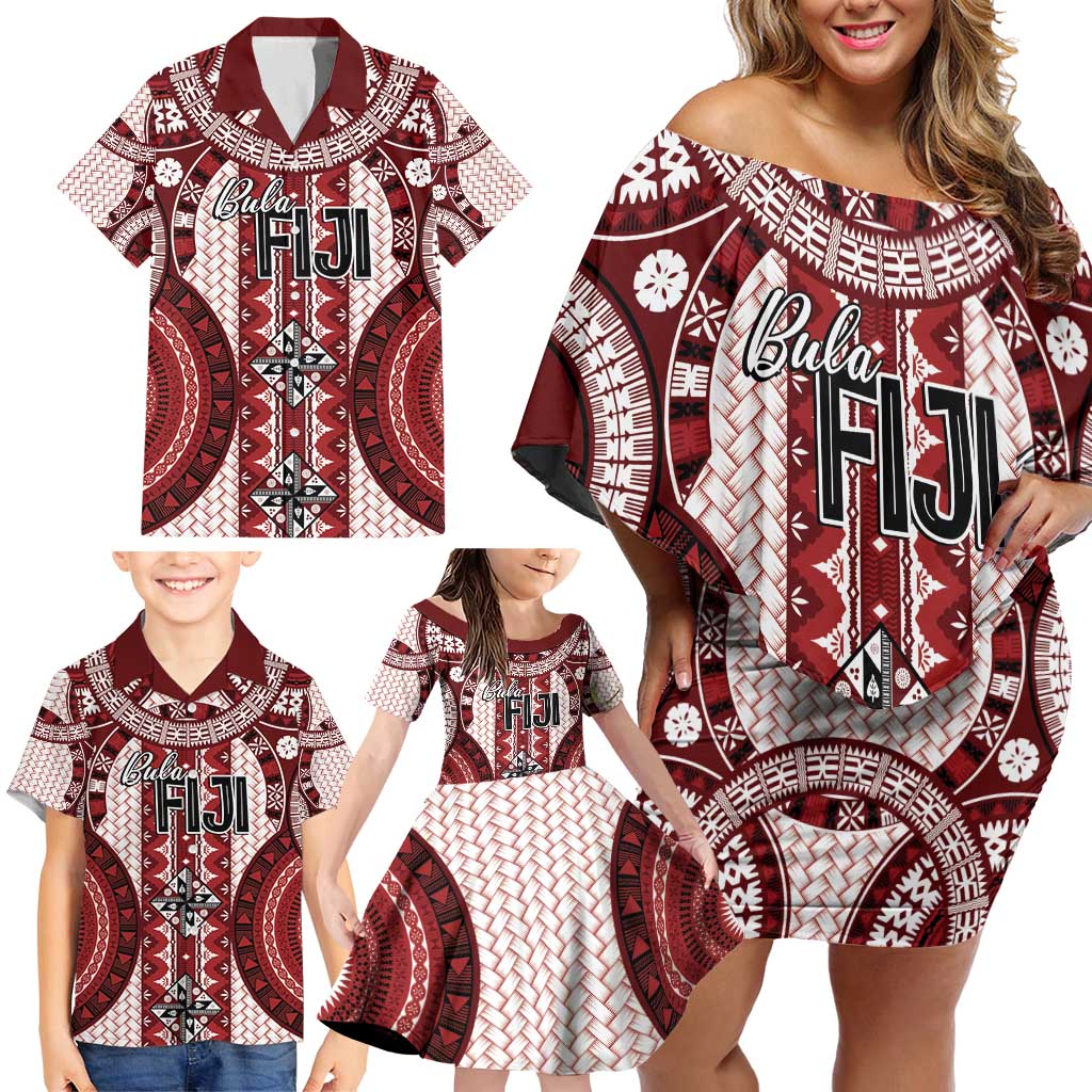 Bula Fiji Vintage Family Matching Off Shoulder Short Dress and Hawaiian Shirt Scarlet Masi Motifs