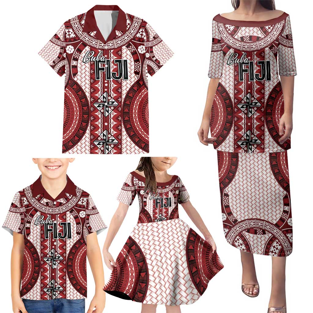 Bula Fiji Vintage Family Matching Puletasi and Hawaiian Shirt Scarlet Masi Motifs