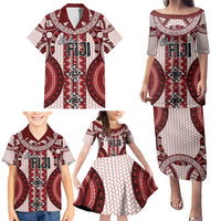 Bula Fiji Vintage Family Matching Puletasi and Hawaiian Shirt Scarlet Masi Motifs