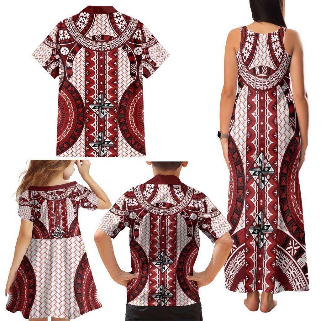 Bula Fiji Vintage Family Matching Tank Maxi Dress and Hawaiian Shirt Scarlet Masi Motifs