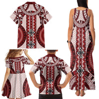 Bula Fiji Vintage Family Matching Tank Maxi Dress and Hawaiian Shirt Scarlet Masi Motifs