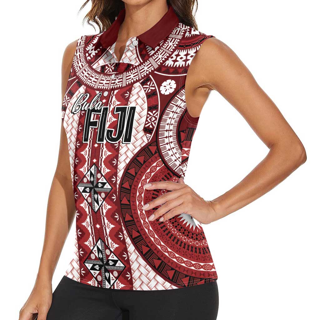Bula Fiji Vintage Women Sleeveless Polo Shirt Scarlet Masi Motifs