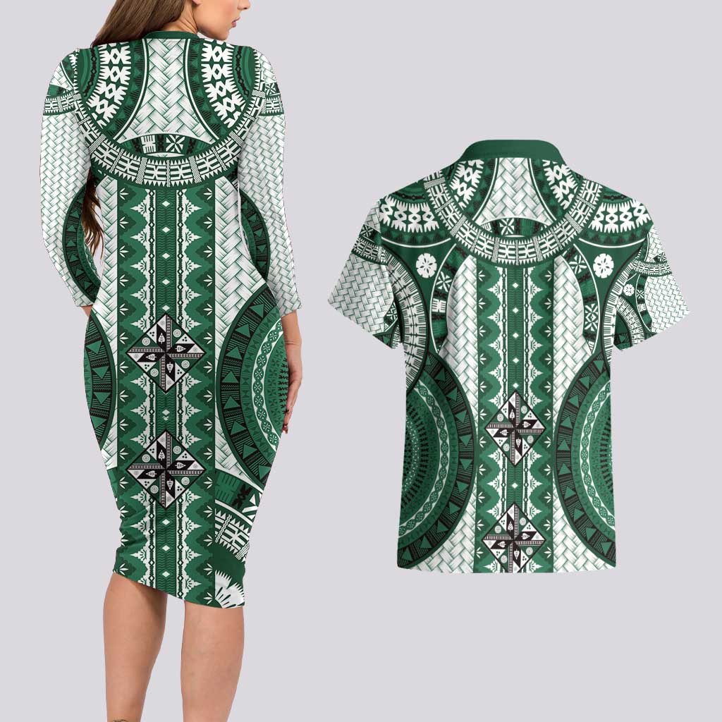 Bula Fiji Vintage Couples Matching Long Sleeve Bodycon Dress and Hawaiian Shirt Phthalo Green Masi Motifs