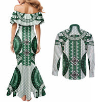 Bula Fiji Vintage Couples Matching Mermaid Dress and Long Sleeve Button Shirt Phthalo Green Masi Motifs