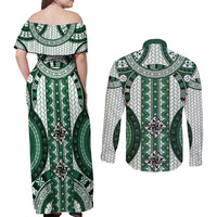 Bula Fiji Vintage Couples Matching Off Shoulder Maxi Dress and Long Sleeve Button Shirt Phthalo Green Masi Motifs
