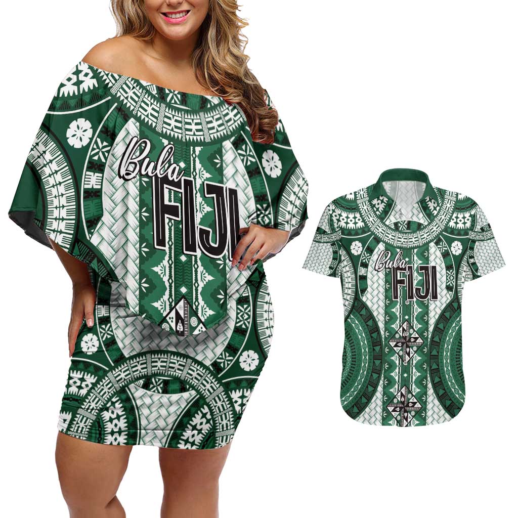 Bula Fiji Vintage Couples Matching Off Shoulder Short Dress and Hawaiian Shirt Phthalo Green Masi Motifs