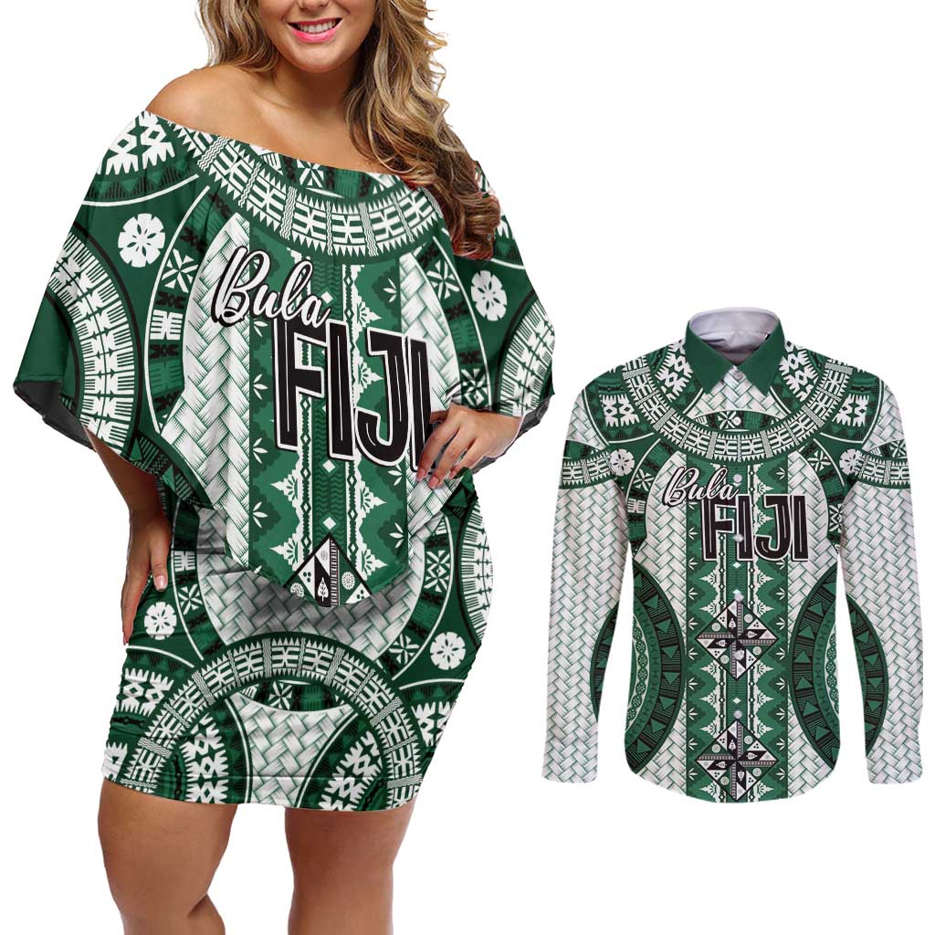 Bula Fiji Vintage Couples Matching Off Shoulder Short Dress and Long Sleeve Button Shirt Phthalo Green Masi Motifs