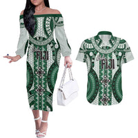 Bula Fiji Vintage Couples Matching Off The Shoulder Long Sleeve Dress and Hawaiian Shirt Phthalo Green Masi Motifs