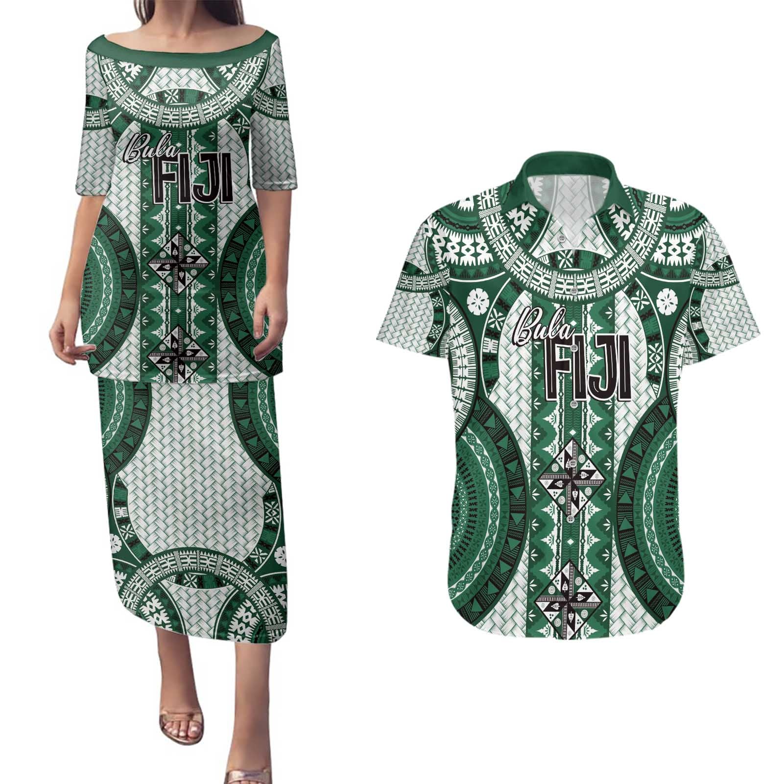 Bula Fiji Vintage Couples Matching Puletasi and Hawaiian Shirt Phthalo Green Masi Motifs