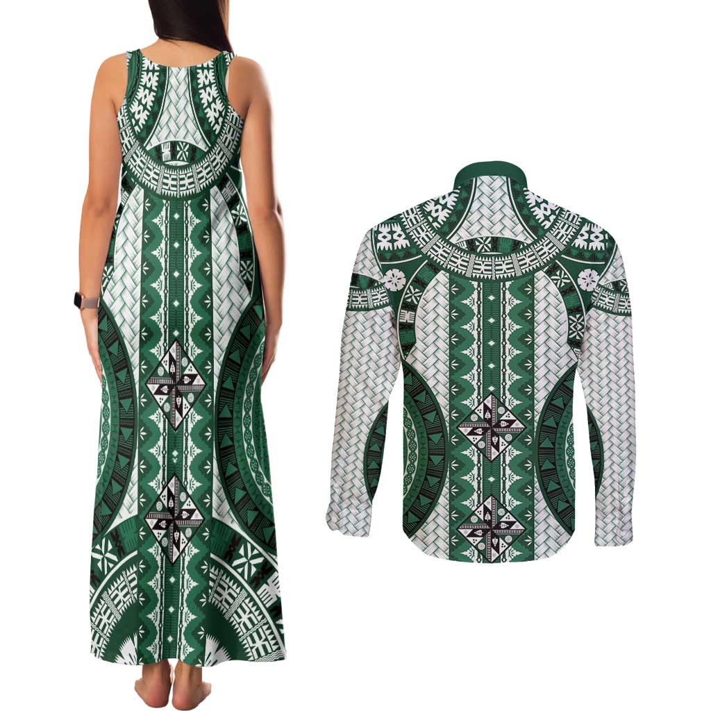 Bula Fiji Vintage Couples Matching Tank Maxi Dress and Long Sleeve Button Shirt Phthalo Green Masi Motifs
