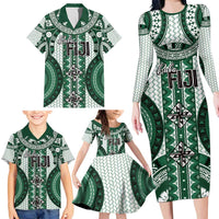 Bula Fiji Vintage Family Matching Long Sleeve Bodycon Dress and Hawaiian Shirt Phthalo Green Masi Motifs