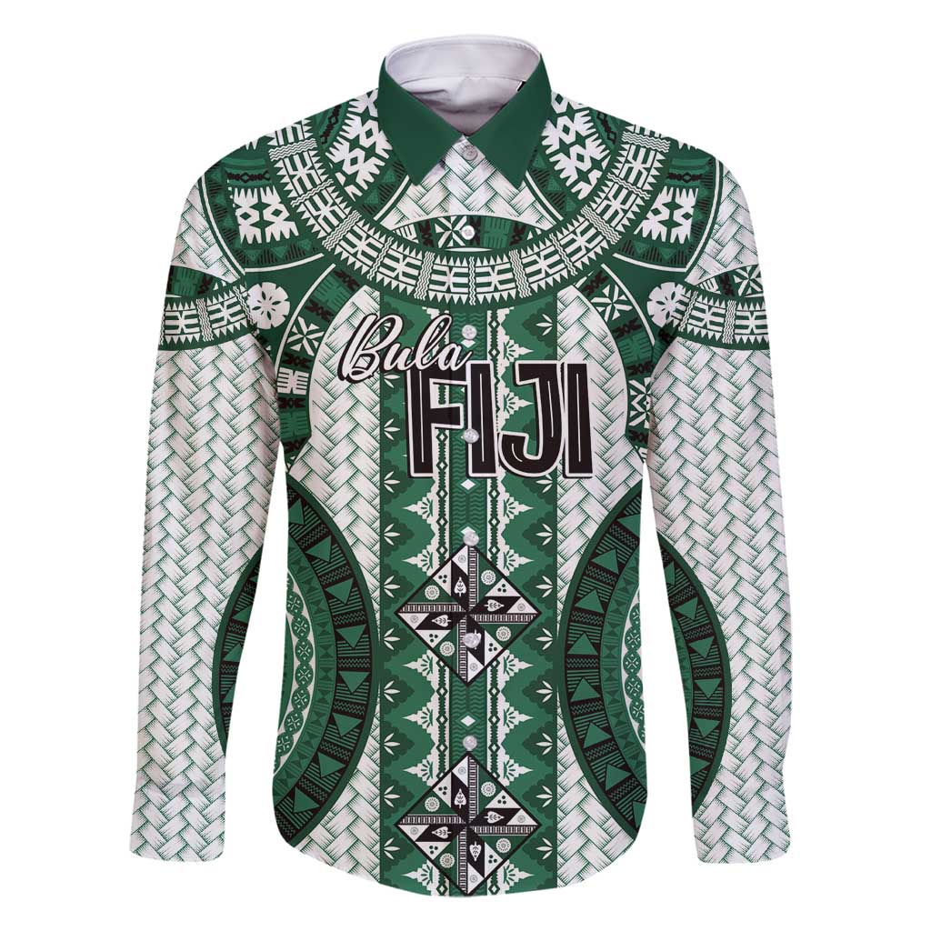 Bula Fiji Vintage Family Matching Long Sleeve Bodycon Dress and Hawaiian Shirt Phthalo Green Masi Motifs