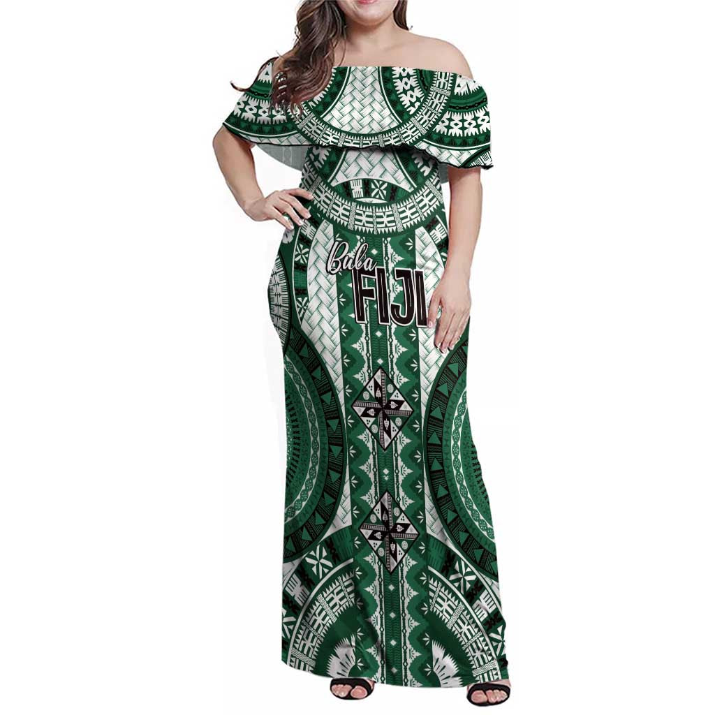 Bula Fiji Vintage Family Matching Off Shoulder Maxi Dress and Hawaiian Shirt Phthalo Green Masi Motifs
