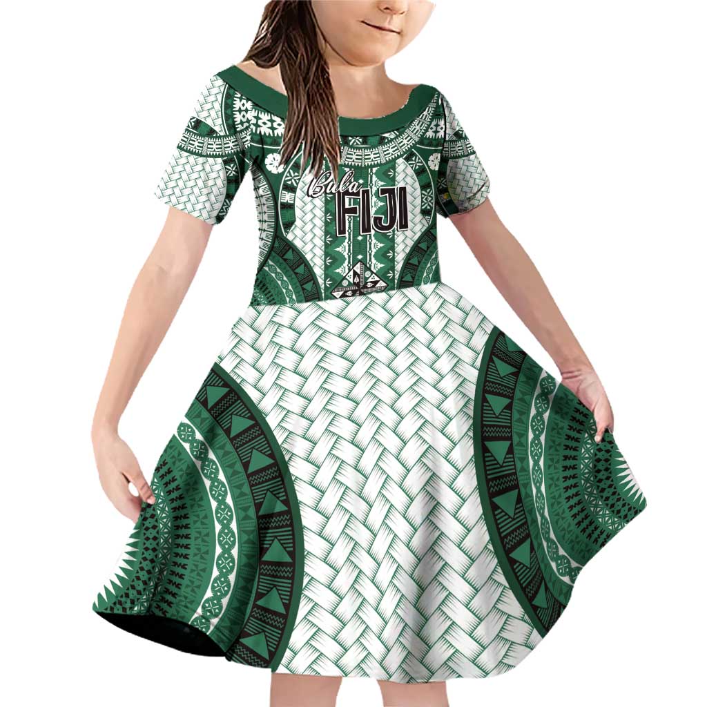 Bula Fiji Vintage Family Matching Off Shoulder Short Dress and Hawaiian Shirt Phthalo Green Masi Motifs