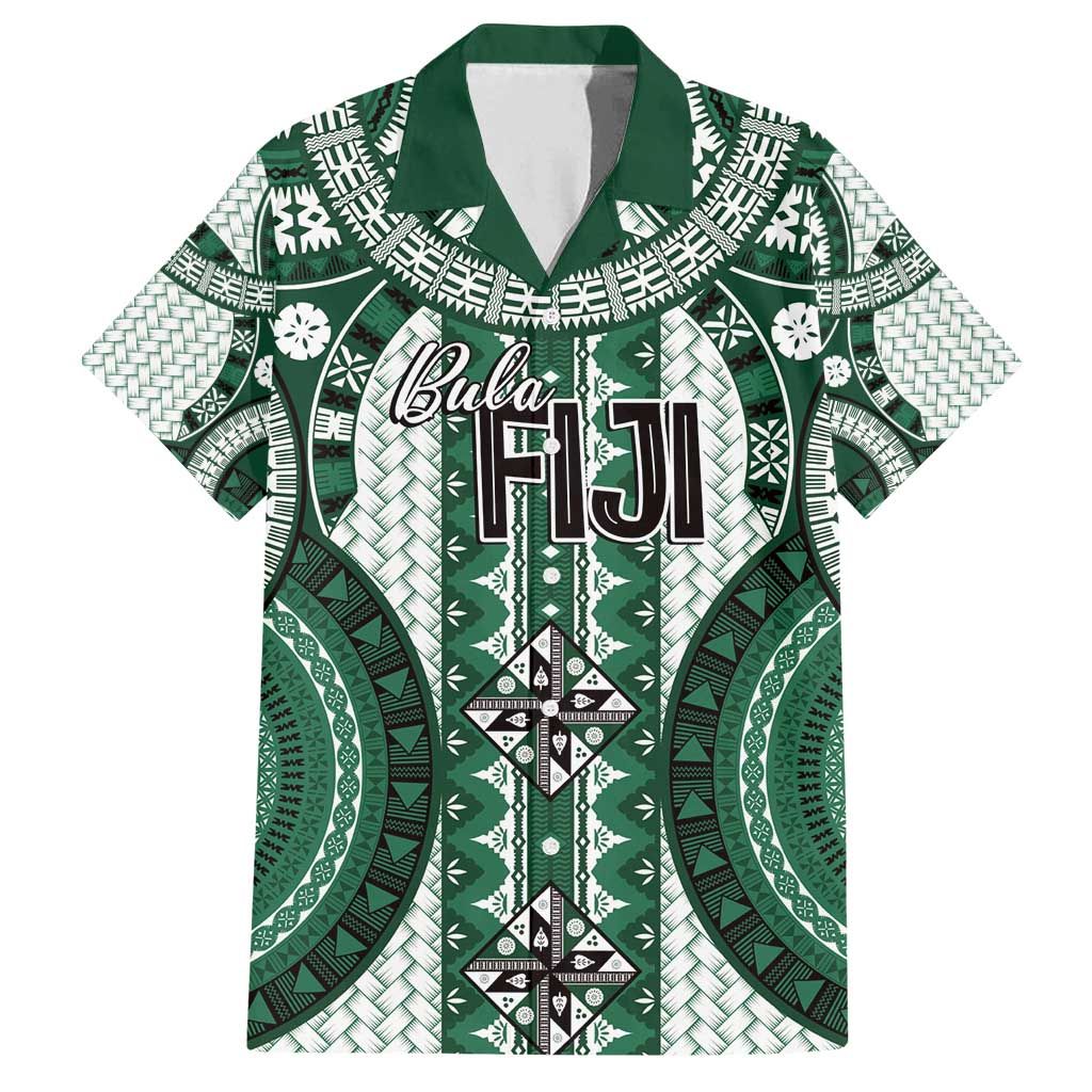 Bula Fiji Vintage Family Matching Off Shoulder Short Dress and Hawaiian Shirt Phthalo Green Masi Motifs