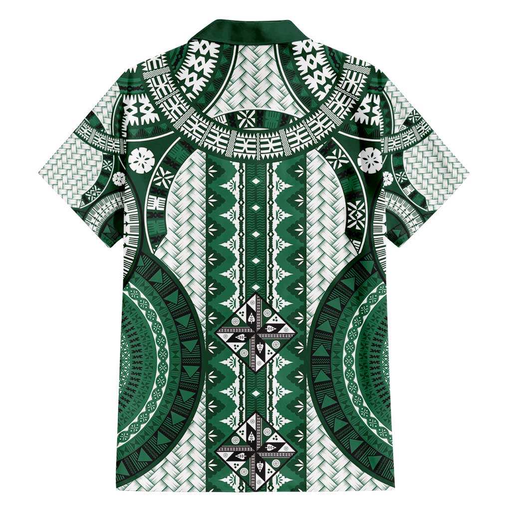 Bula Fiji Vintage Family Matching Off Shoulder Short Dress and Hawaiian Shirt Phthalo Green Masi Motifs