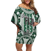 Bula Fiji Vintage Family Matching Off Shoulder Short Dress and Hawaiian Shirt Phthalo Green Masi Motifs