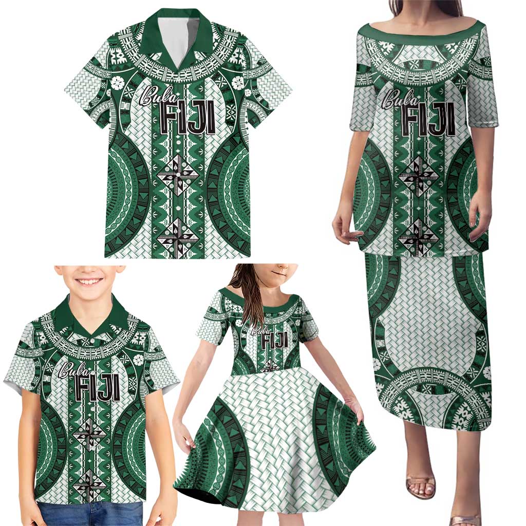 Bula Fiji Vintage Family Matching Puletasi and Hawaiian Shirt Phthalo Green Masi Motifs