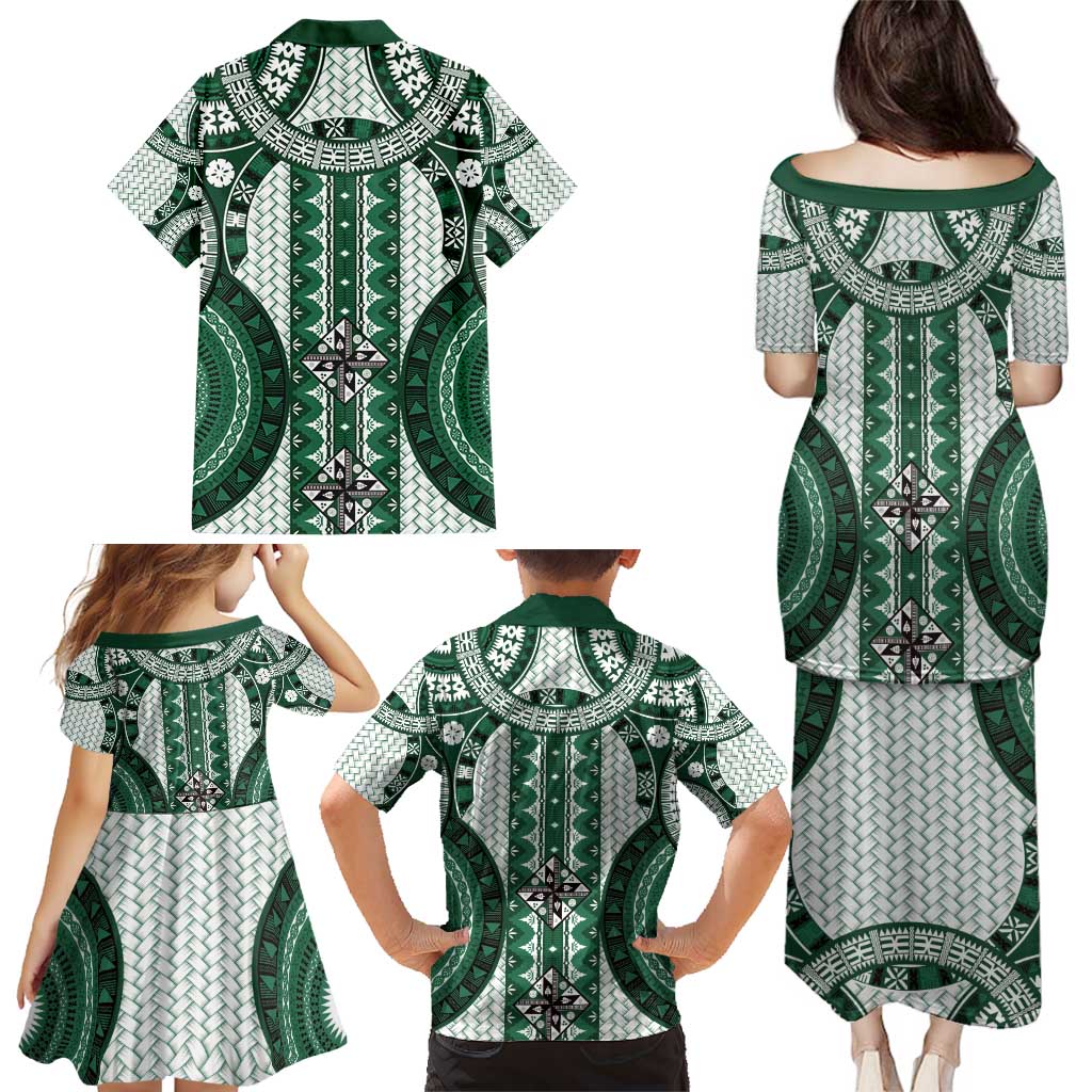 Bula Fiji Vintage Family Matching Puletasi and Hawaiian Shirt Phthalo Green Masi Motifs