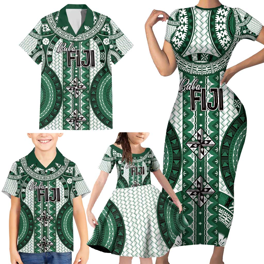Bula Fiji Vintage Family Matching Short Sleeve Bodycon Dress and Hawaiian Shirt Phthalo Green Masi Motifs