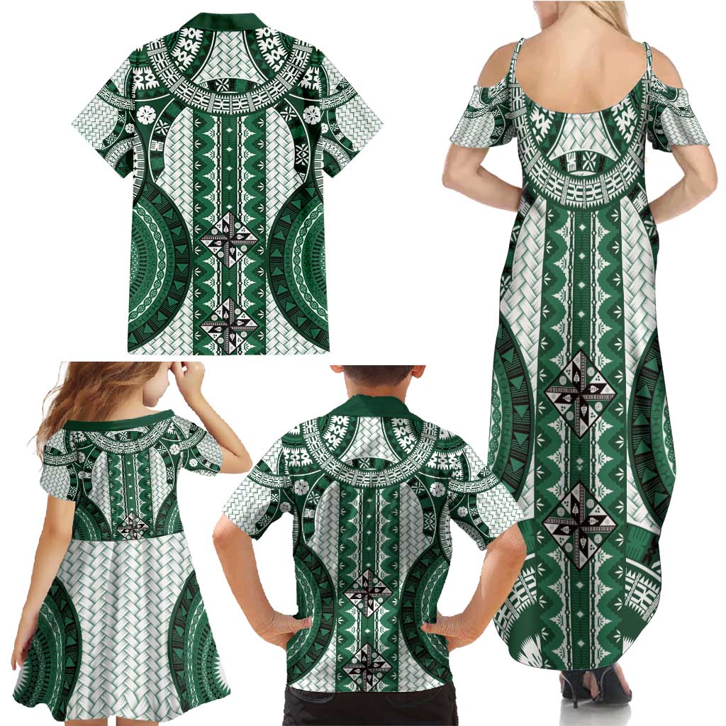 Bula Fiji Vintage Family Matching Summer Maxi Dress and Hawaiian Shirt Phthalo Green Masi Motifs