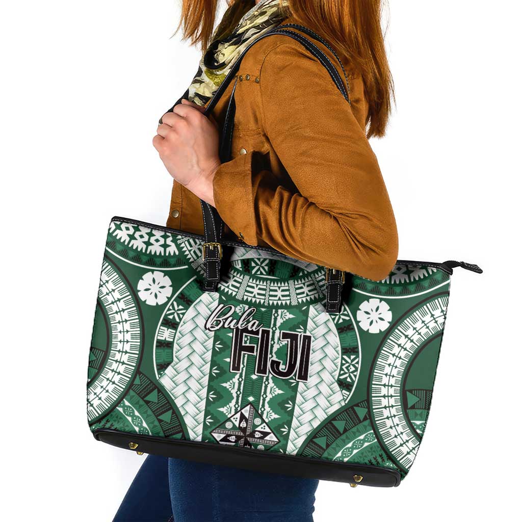 Bula Fiji Vintage Leather Tote Bag Phthalo Green Masi Motifs LT7 Phthalo Green - Polynesian Pride